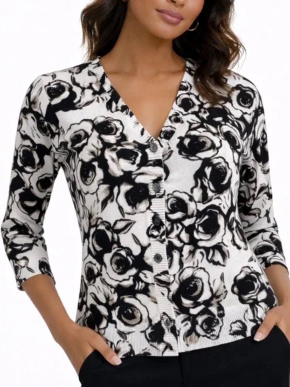 Covington Rose Print Lightweight Cotton Blend Cardigan in Black and Ecru